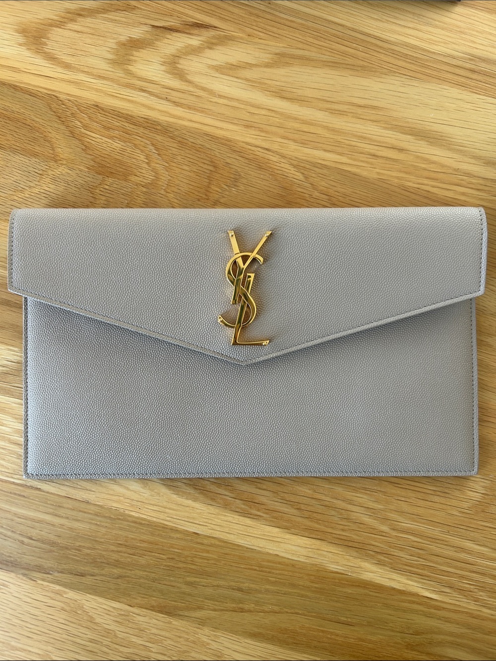 Saint Laurent YSL Uptown Leather Clutch Pouch Beige